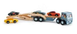 Hölzerner LKW Car Transporter Tender Leaf Toys Mit Beweglicher Plattform Und 4 Autos