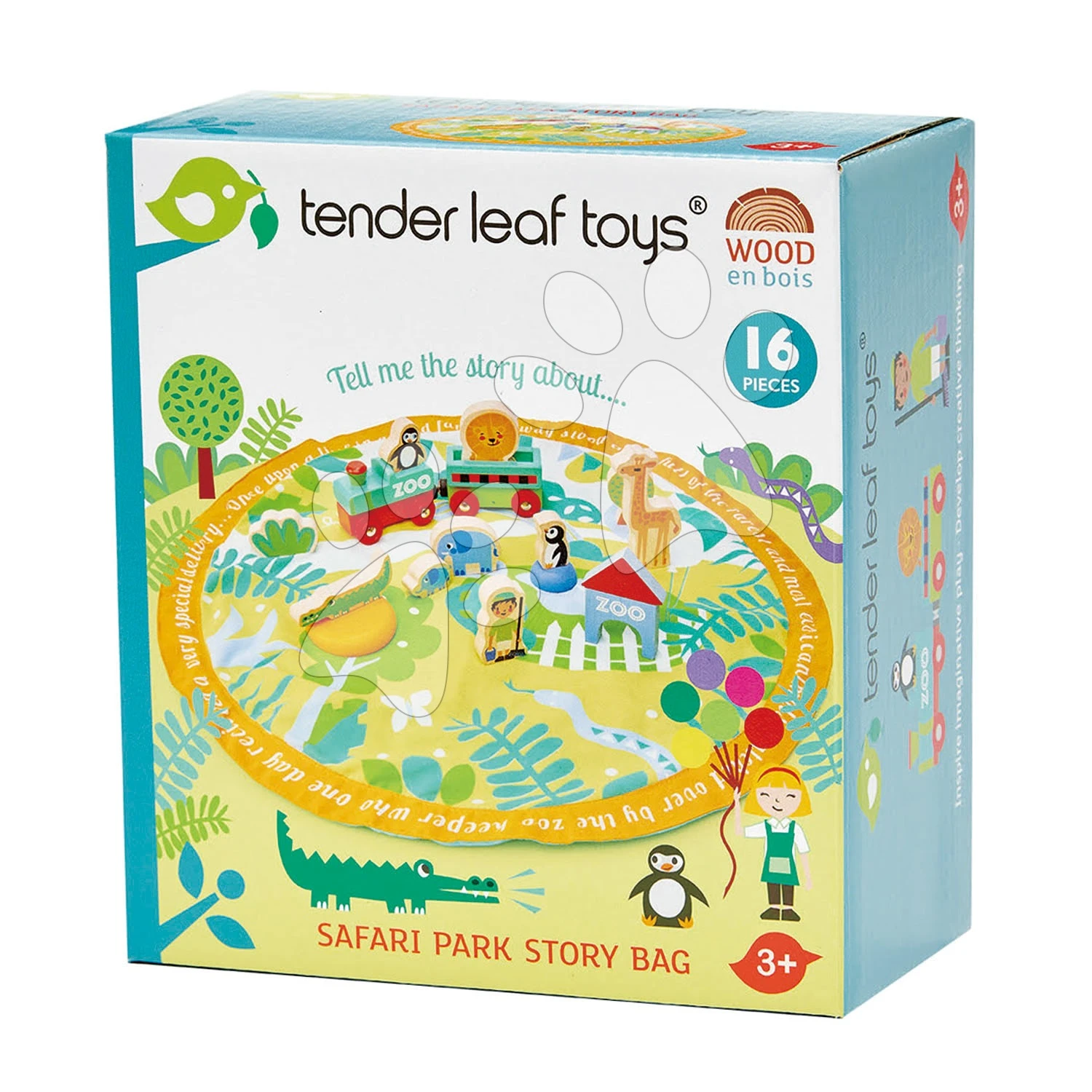 Holzpark Mit Tieren Safari Park Story Bag Tender Leaf Toys Auf Einer Runden Leinentasche Mit Dschungeldruck 2 Holzpark Mit Tieren Safari Park Story Bag Tender Leaf Toys Auf Einer Runden Leinentasche Mit Dschungeldruck – Bild 2