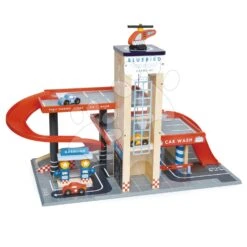 Garage Aus Holz Blue Bird Service Station Tender Leaf Toys Mit 3 Autos Und Einem Helikopter